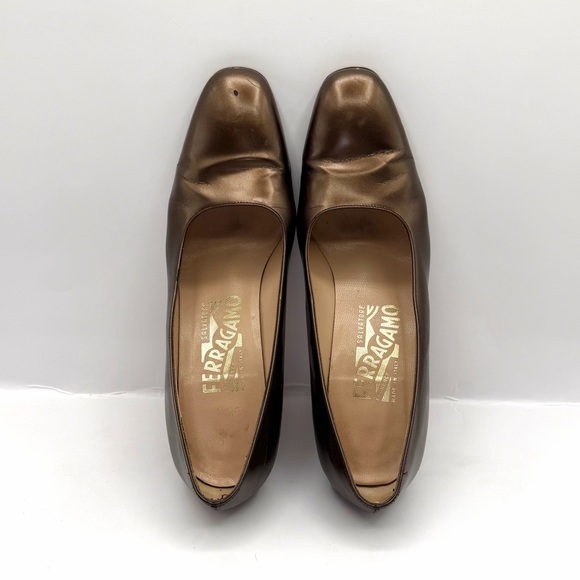 VINTAGE FERRAGAMO Pumps Block Heel US 6B Metallic Bronze Italian Luxury Collect. - Picture 3 of 8